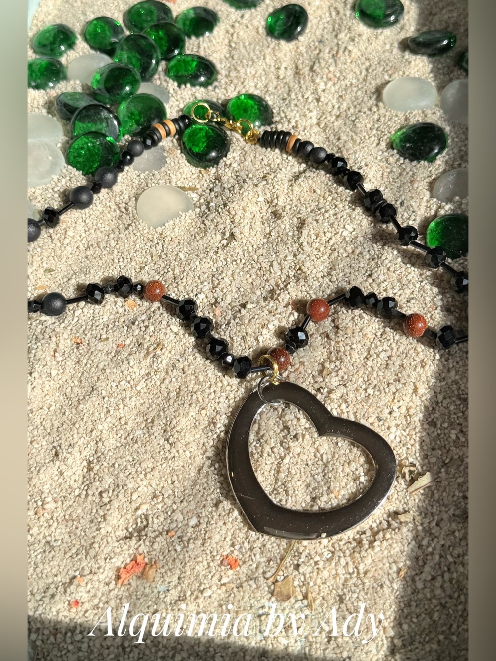 Vintage style silver heart beaded necklace with sunstones